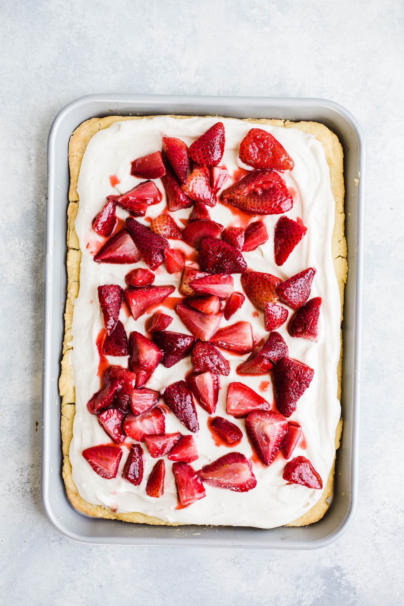 Strawberry shortcake in a sheet pan.