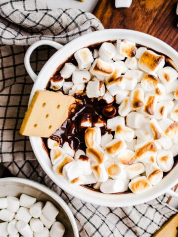 Chocolate dip with toasted marshmallows on top.