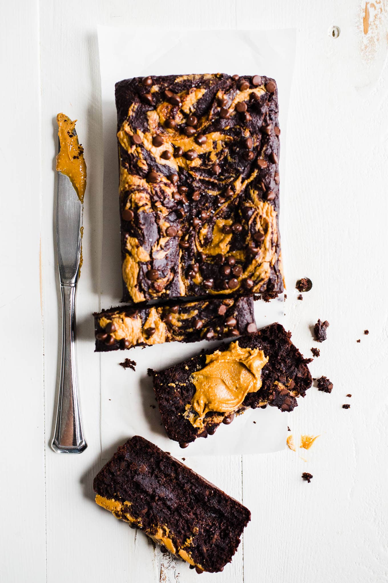 Chocolate banana bread with a peanut butter swirl. 