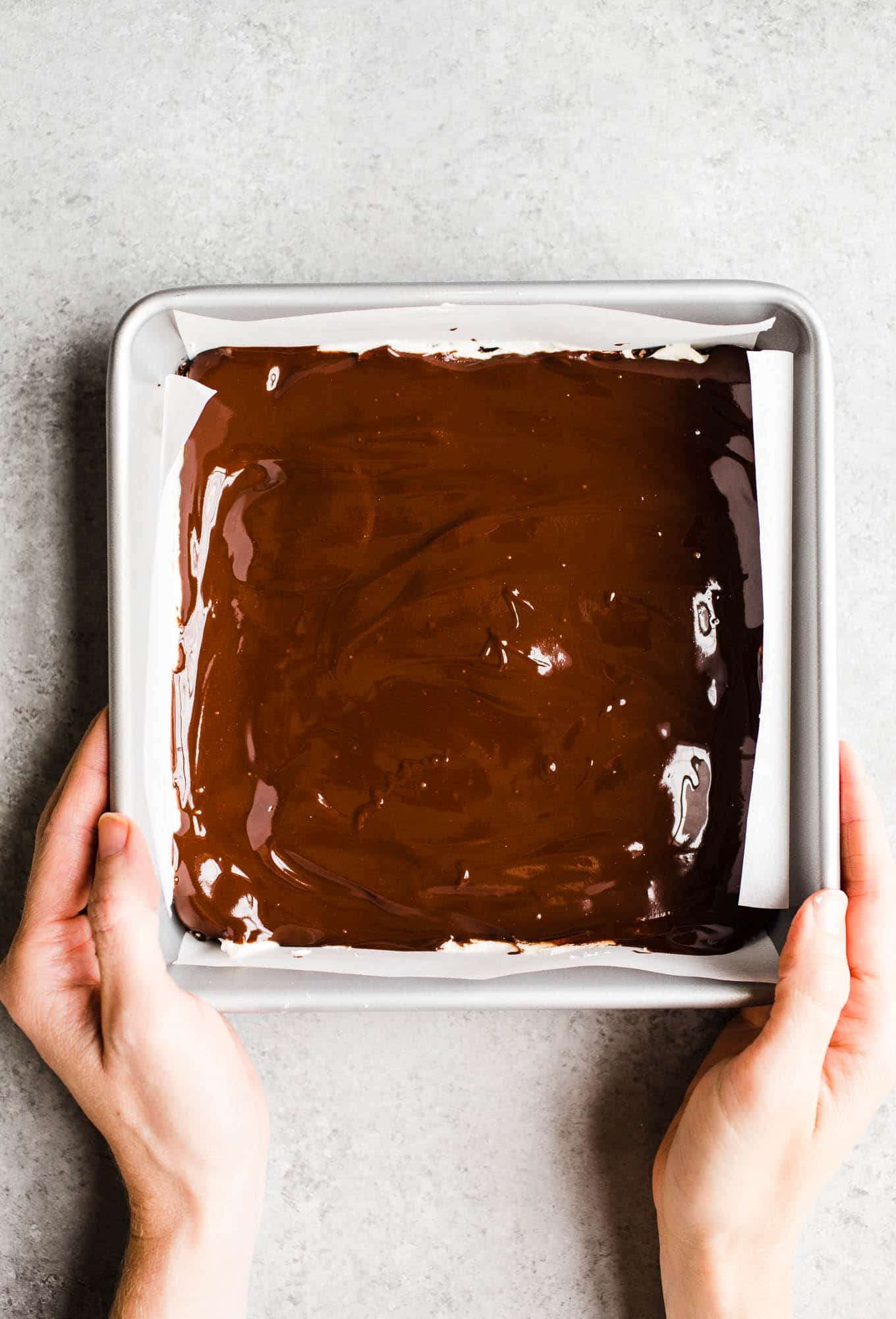 Melted chocolate in a baking pan.