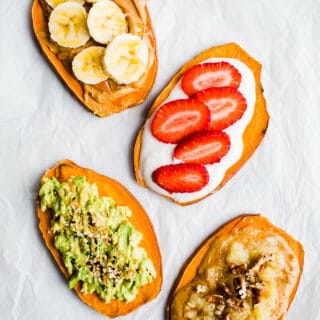 Sweet potato toast with four different toppings.