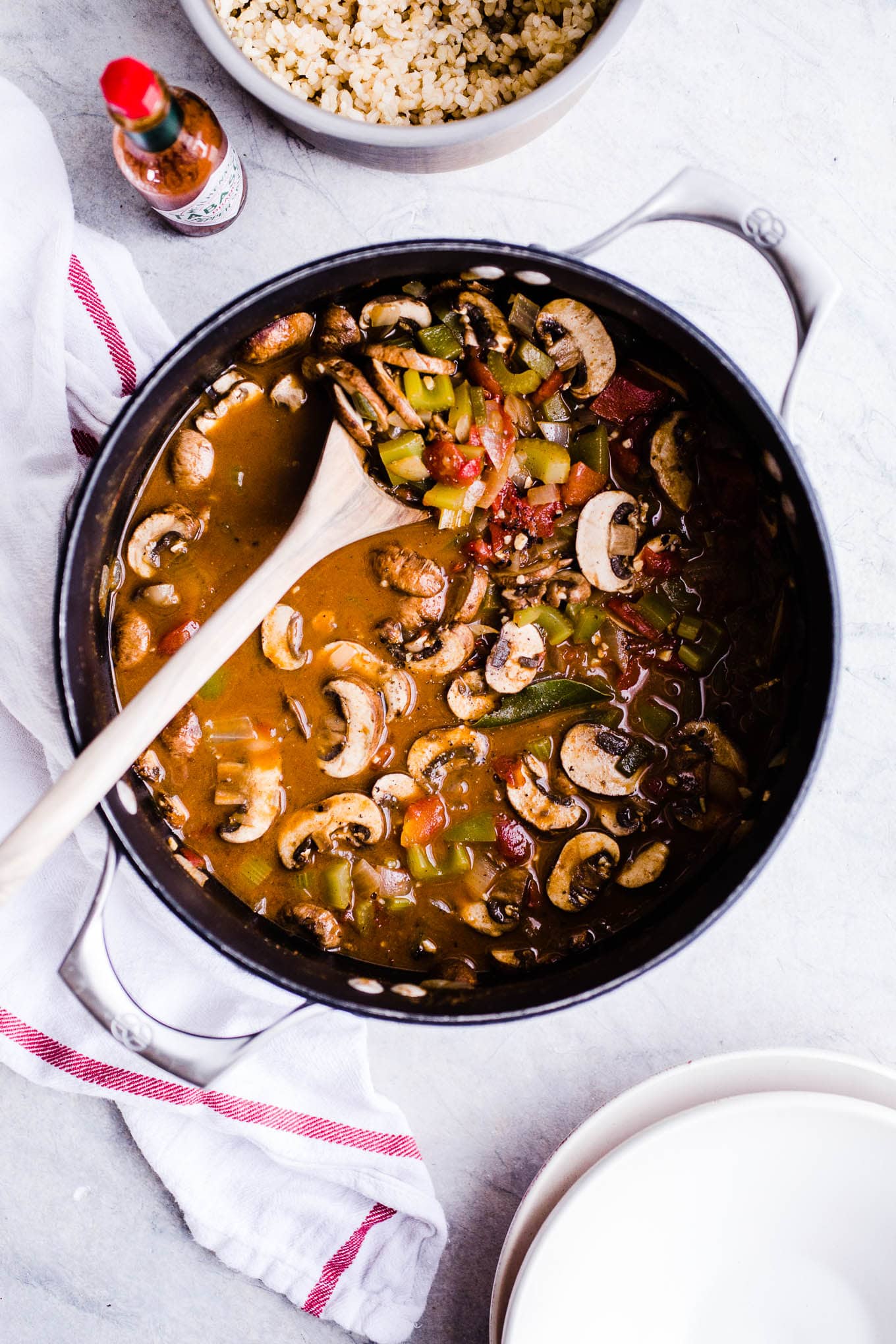 Mushroom etouffee in a large pot. 