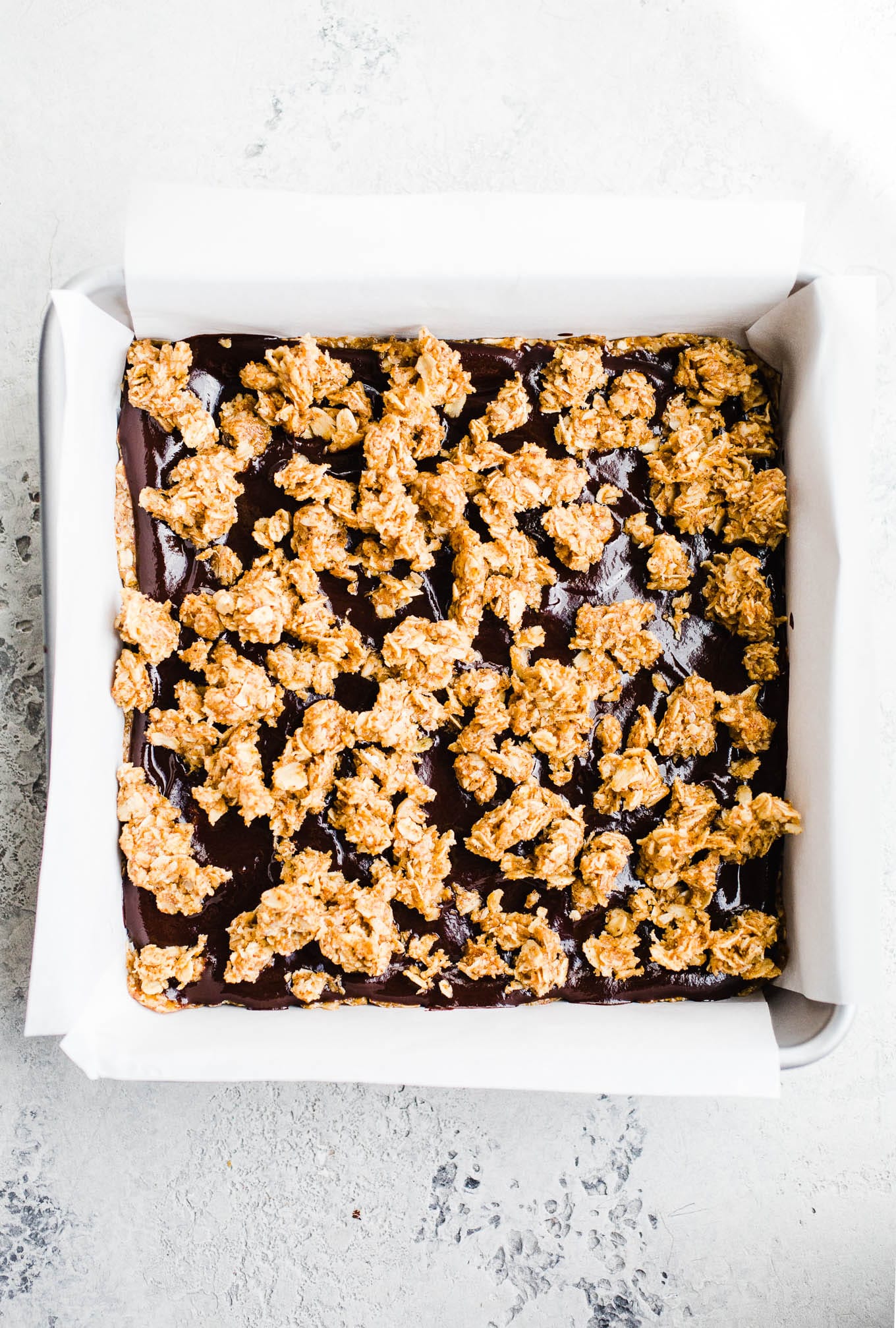 chocolate almond butter oat bars in pan