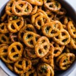 Seasoned mini pretzels in a bowl.