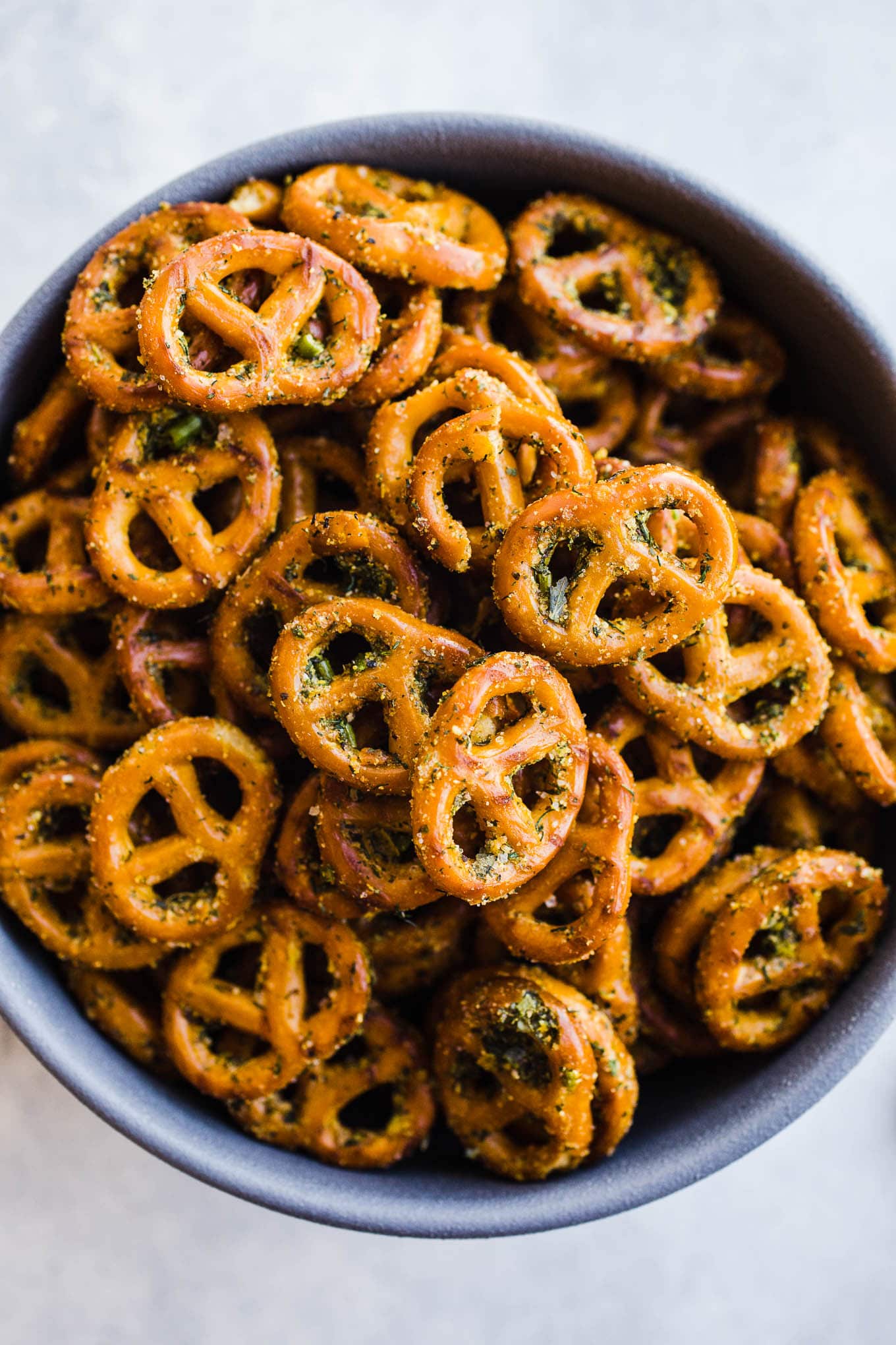 Seasoned mini pretzels in a bowl.