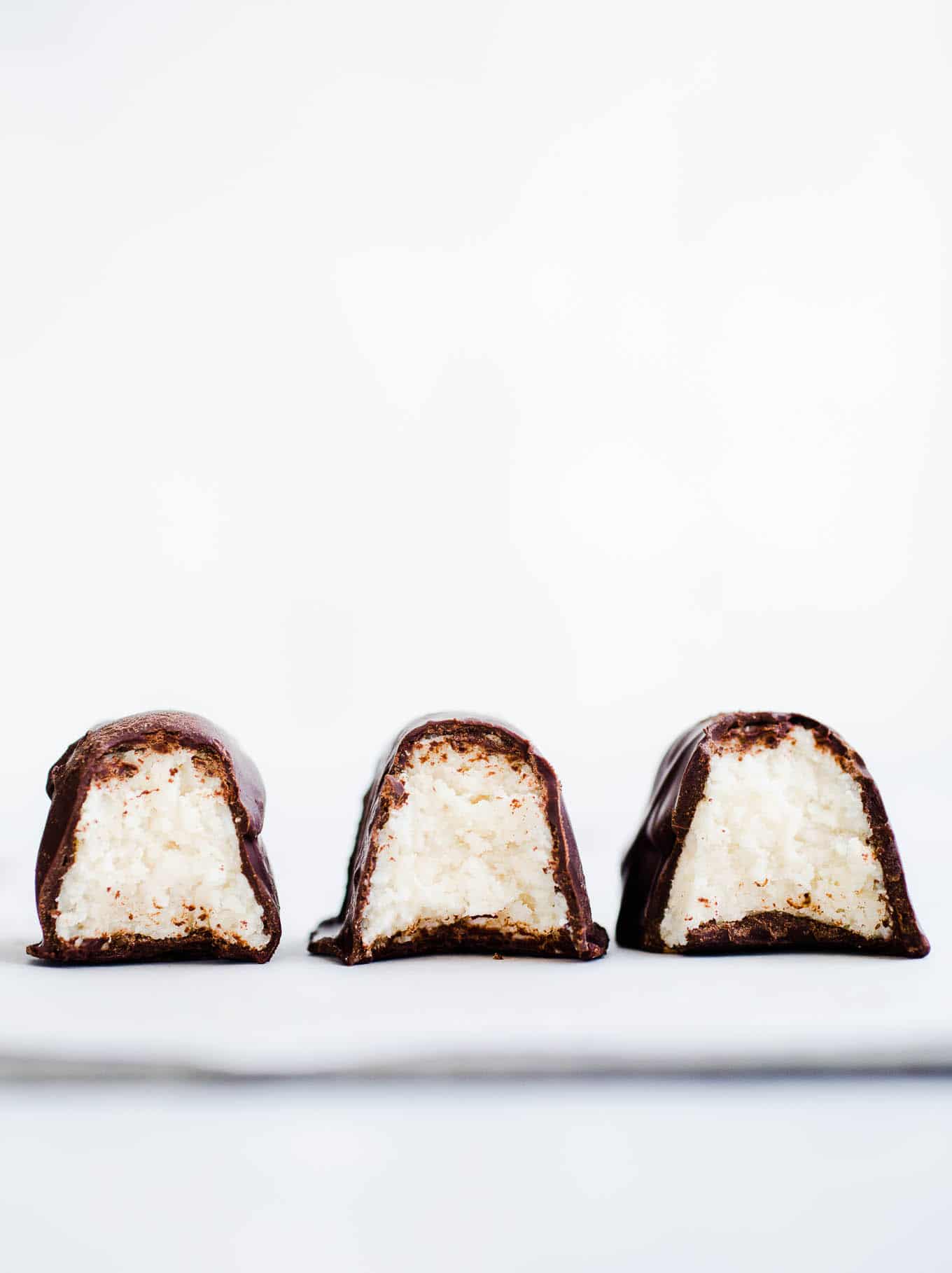 Chocolate coconut candy on parchment paper. 