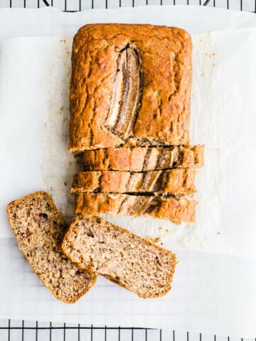 Sliced banana bread on parchment paper.