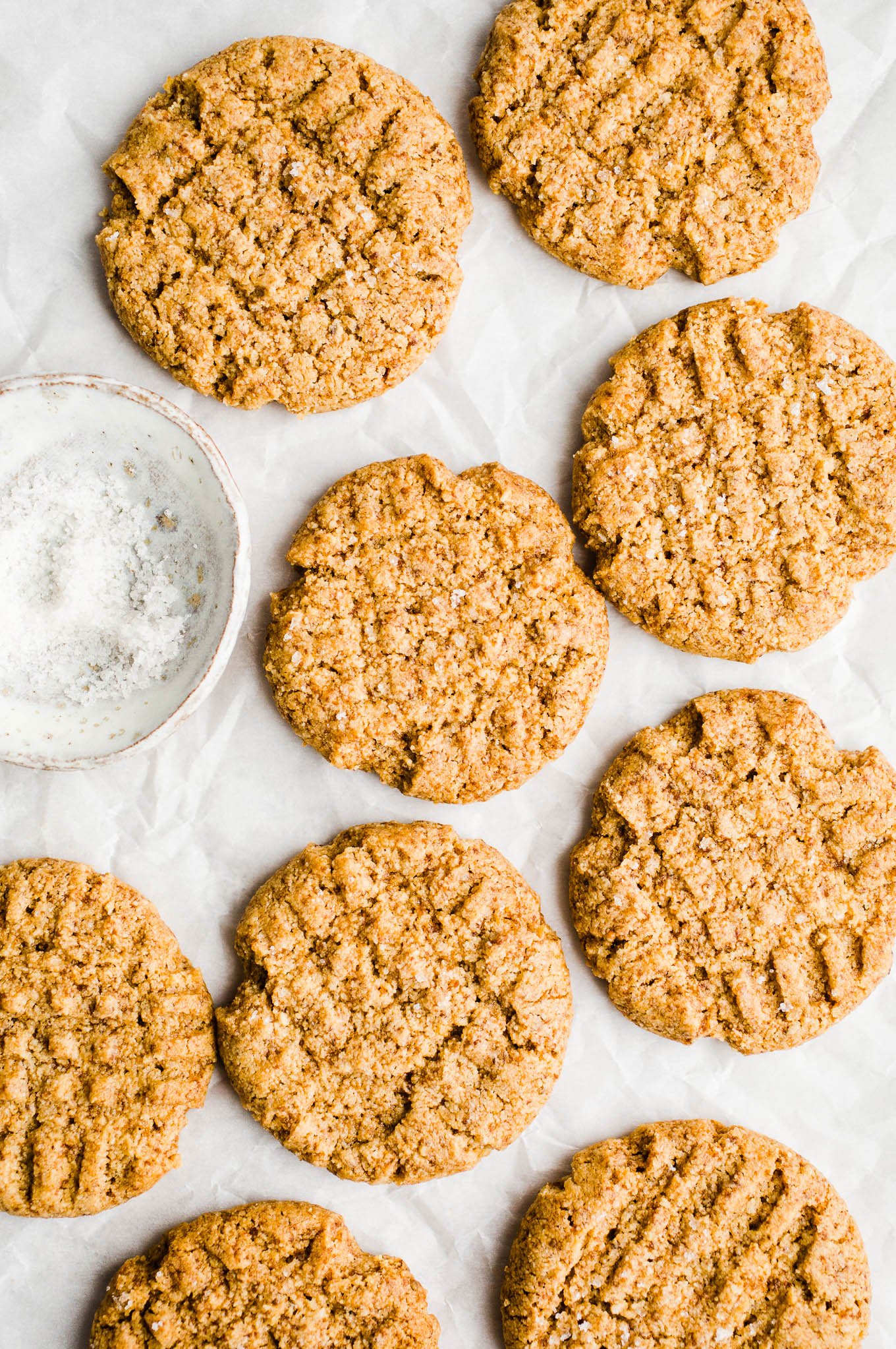 Peanut butter cookies on a baking sheet. 