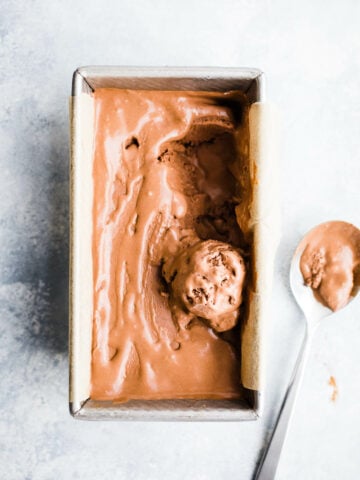 Chocolate ice cream in a loaf pan.