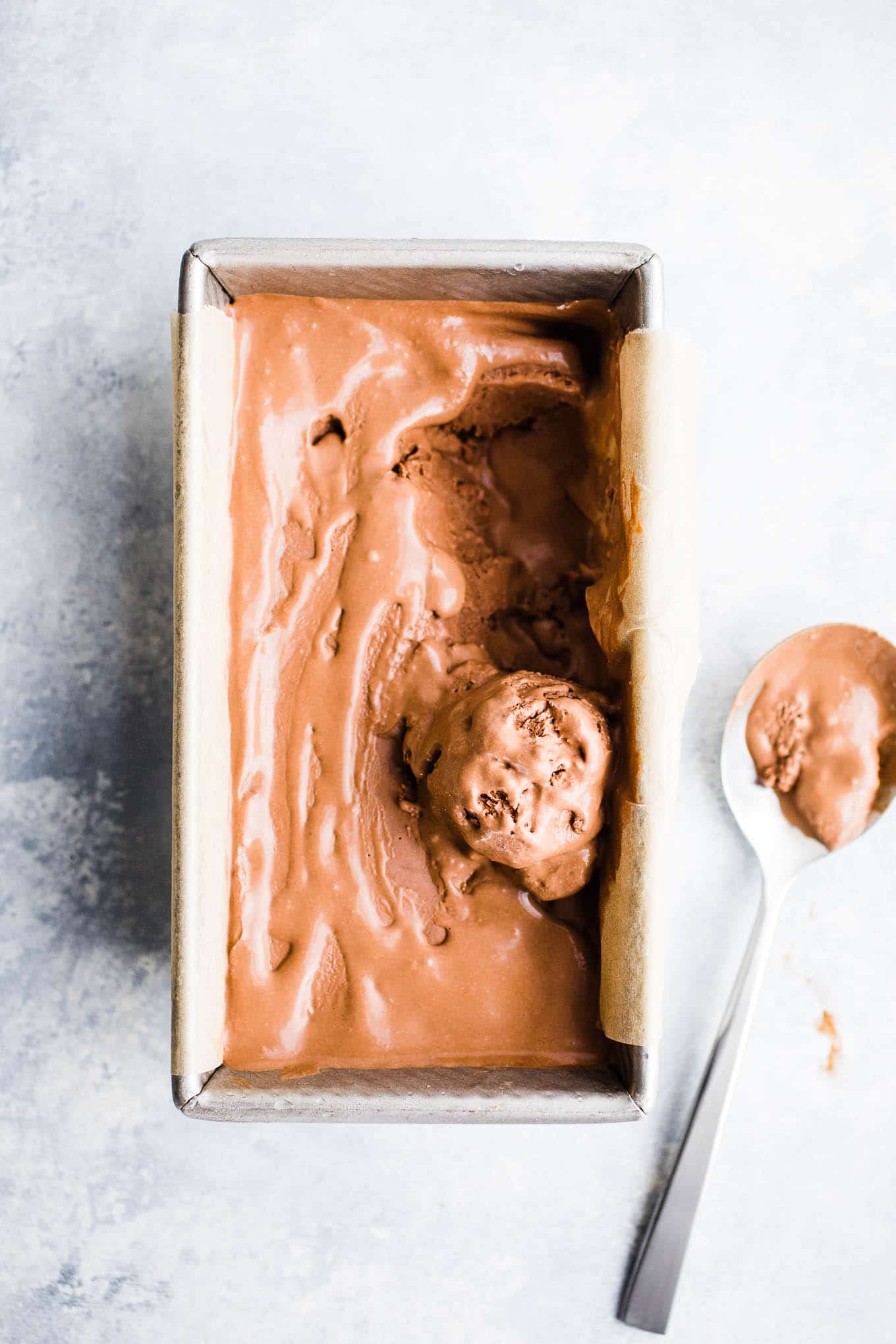 Chocolate ice cream in a loaf pan.