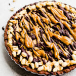 Snickers pie in a chocolate crust.