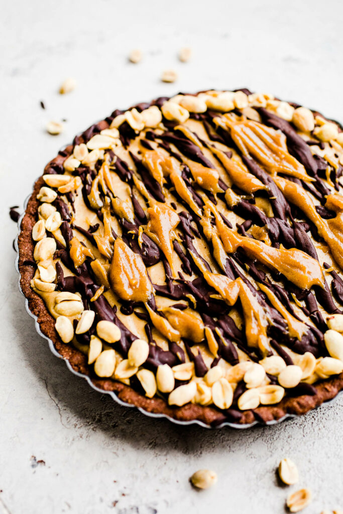 Snickers pie in a chocolate crust.