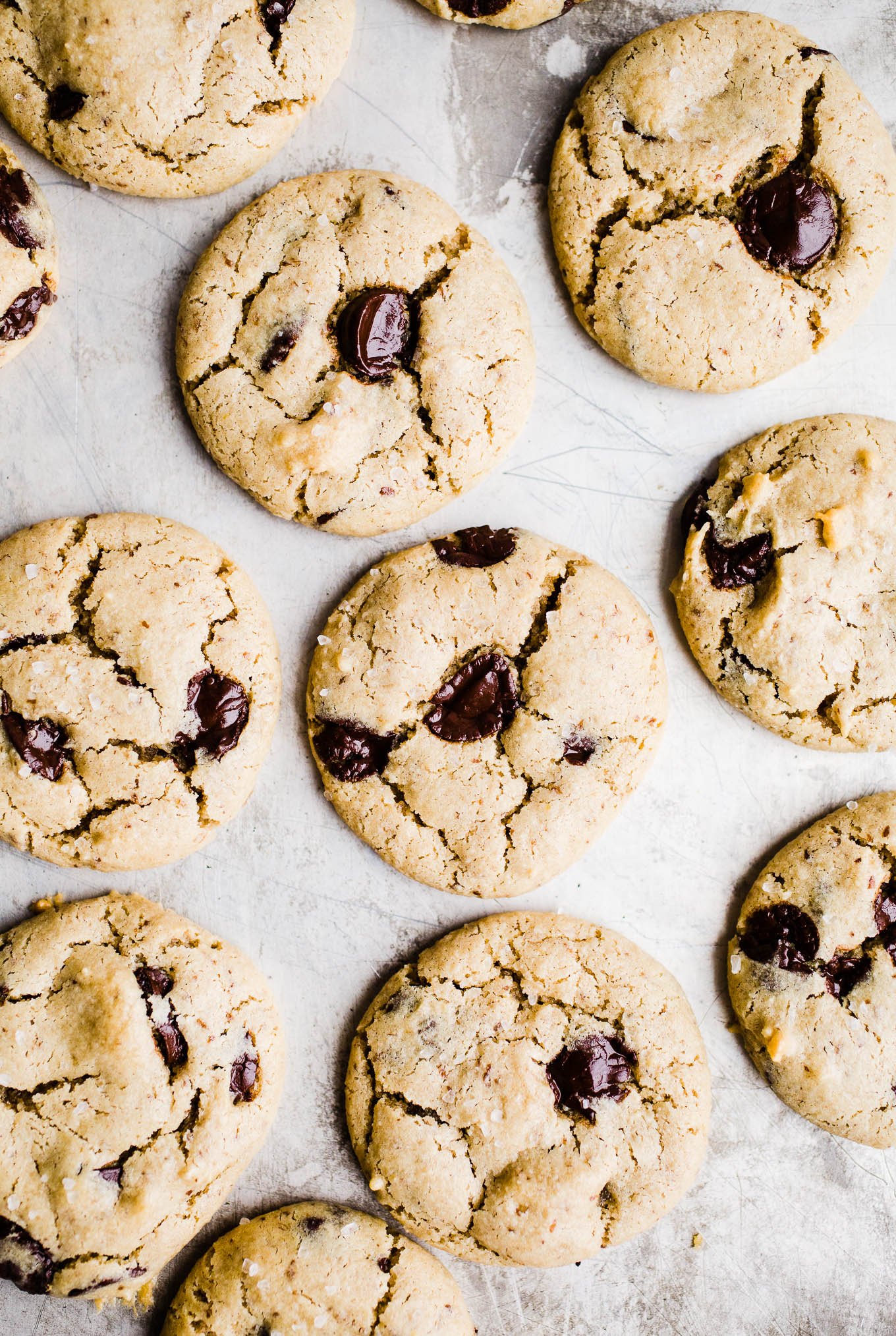 Chocolate chip cookies on a metal pan.