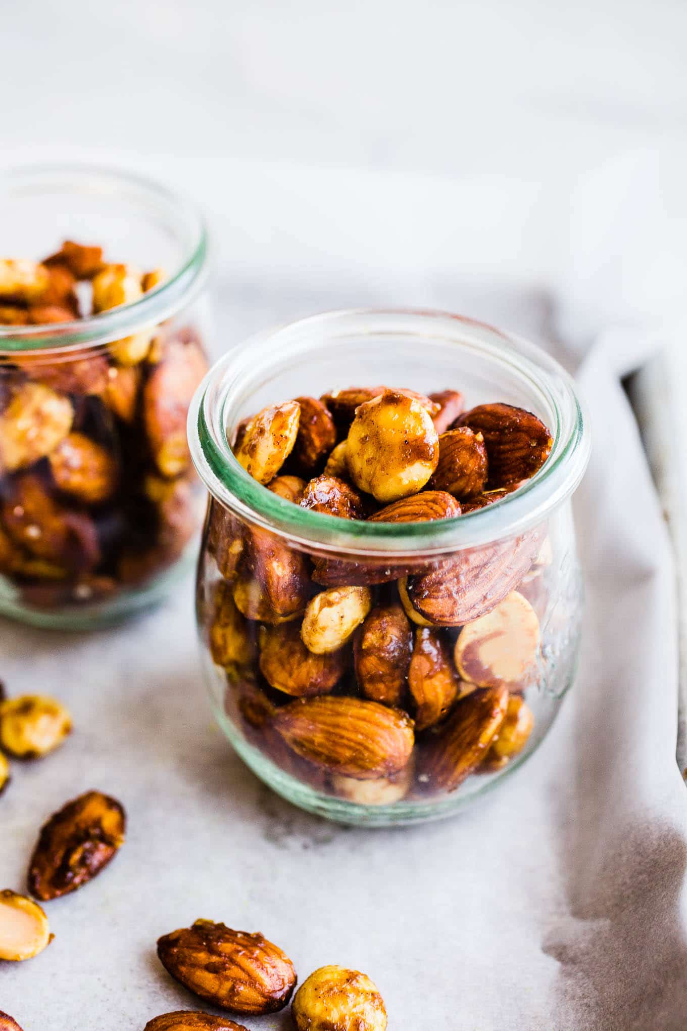 Curried roasted almonds in jars.