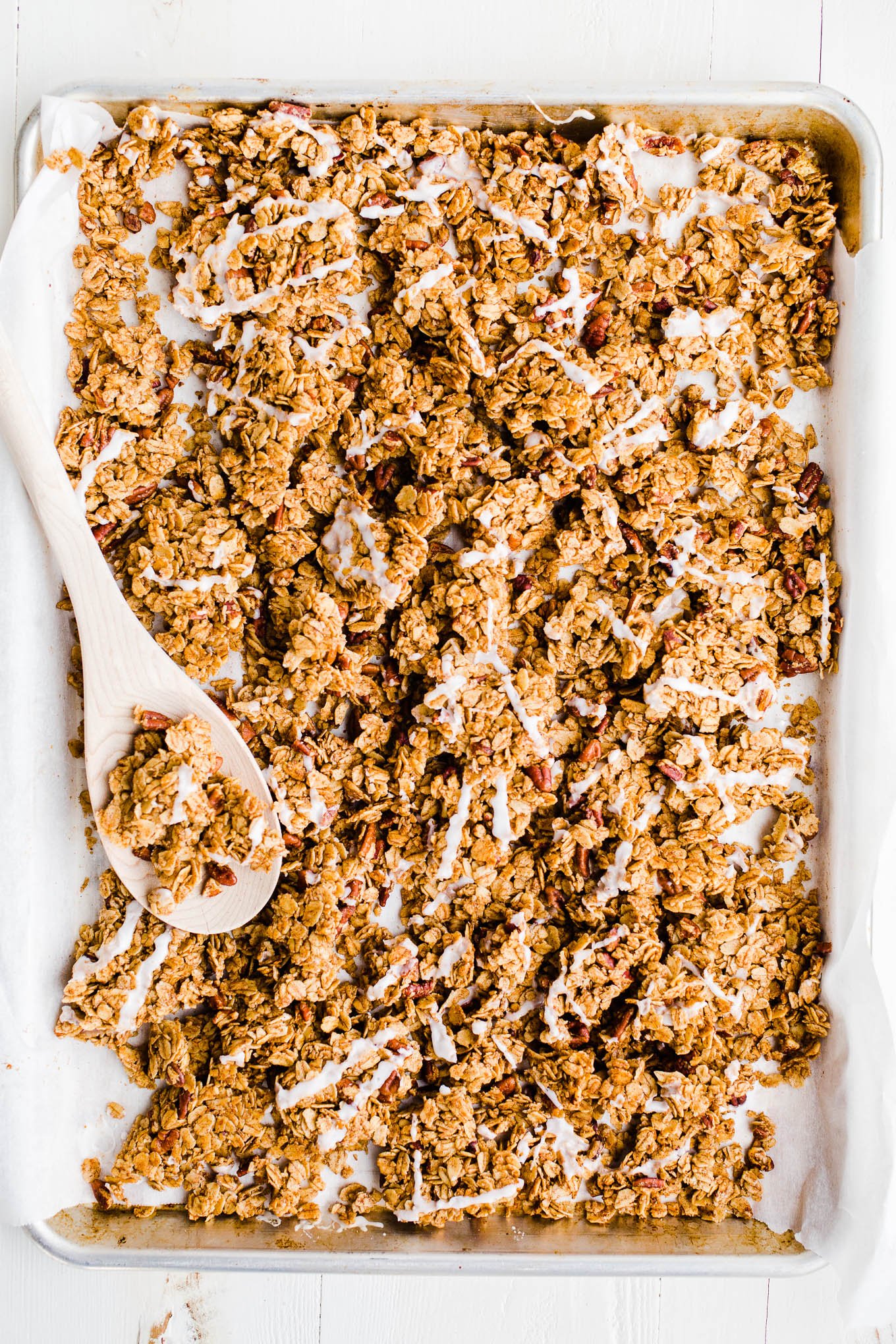 baked granola on baking pan