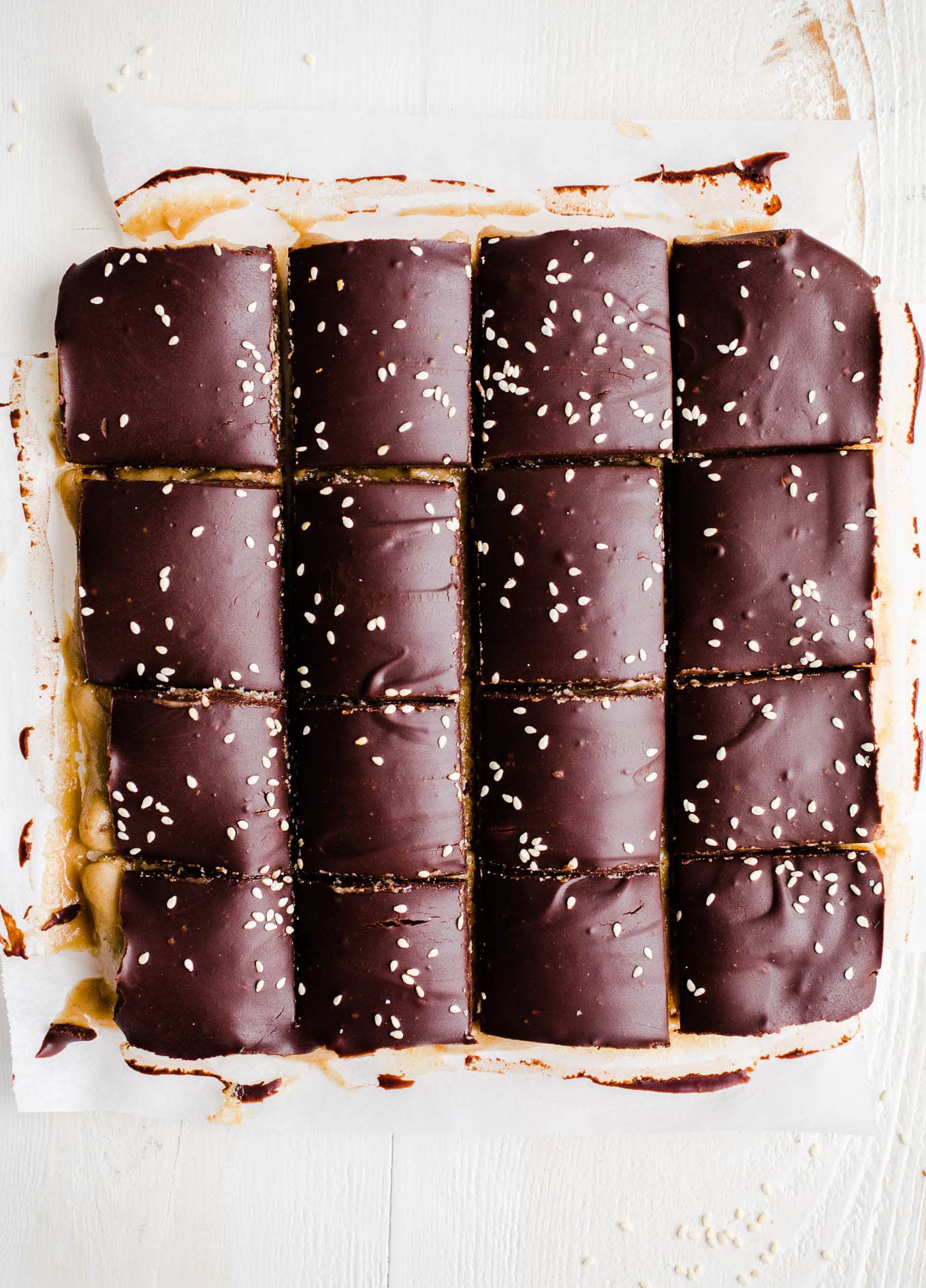 Tahini millionaire bars cut in squares