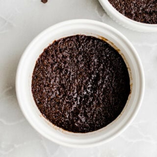 chocolate cake in white ramekin