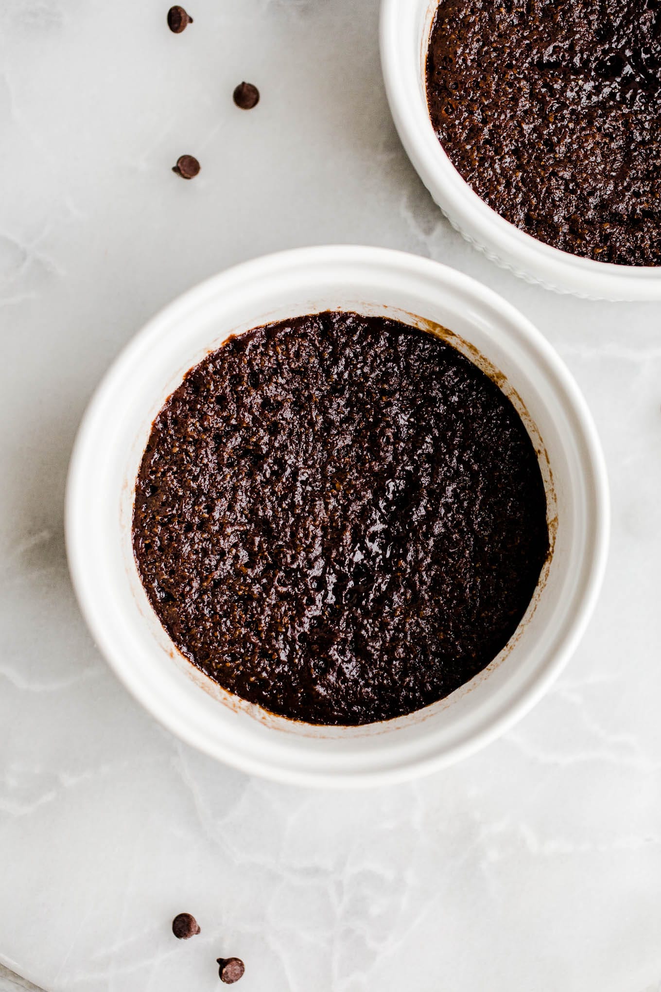 almond flour chocolate mug cake in white ramekin