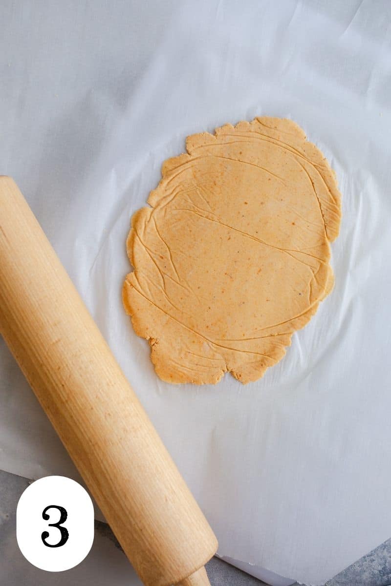 Rolled dough on parchment paper. 
