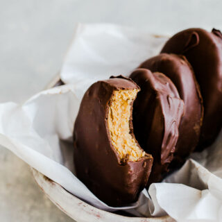 chocolate peanut butter eggs in bowl