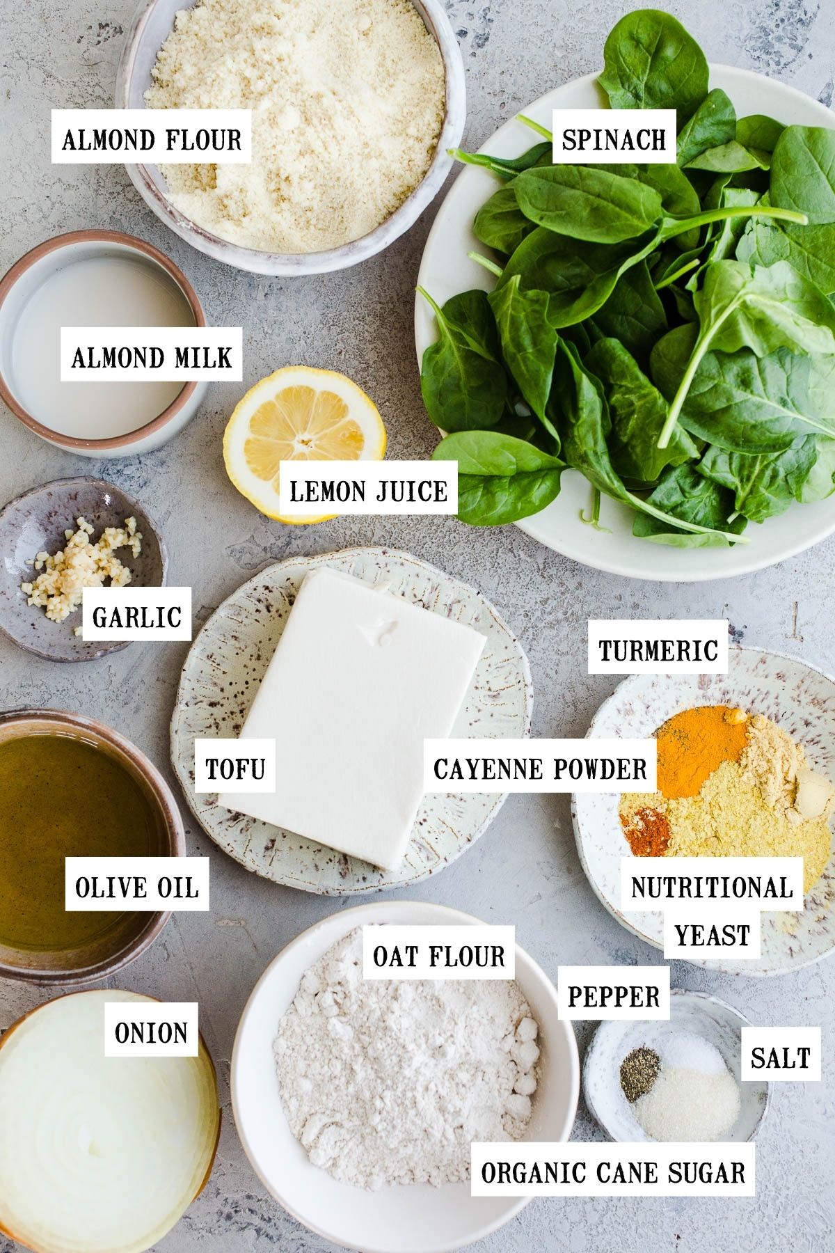 Ingredients to make a tofu quiche in small bowls.
