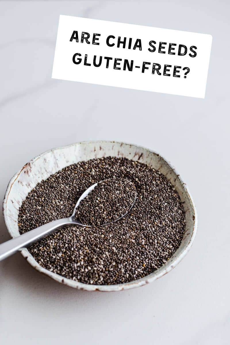 Black chia seeds in a small white bowl with a spoon.