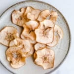 Dried apple slices on a gray plate.