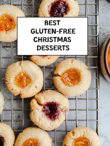 Gluten free Christmas desserts cookies with jam on a rack.