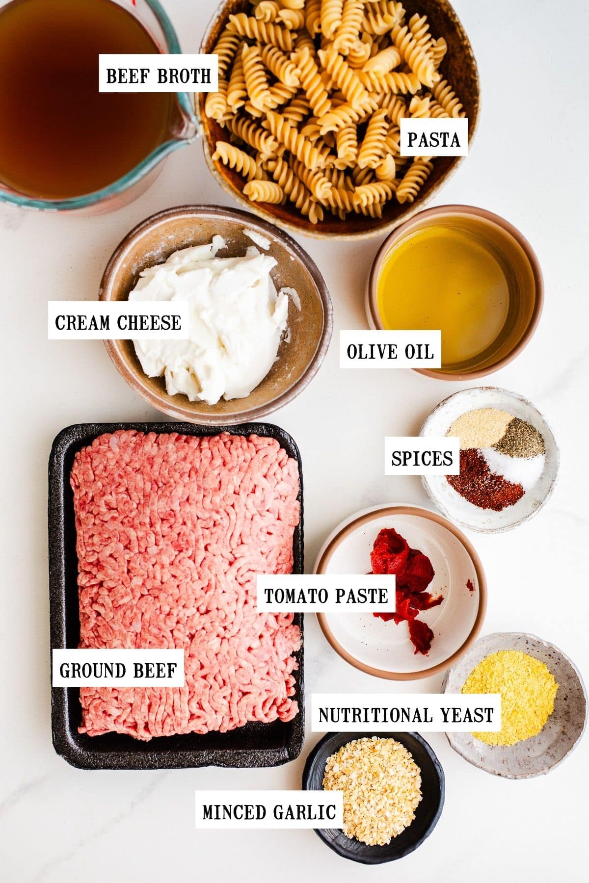Ingredients to make a hamburger casserole.