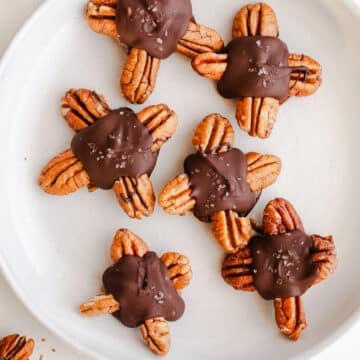 Chocolate pecan candies on a plate.