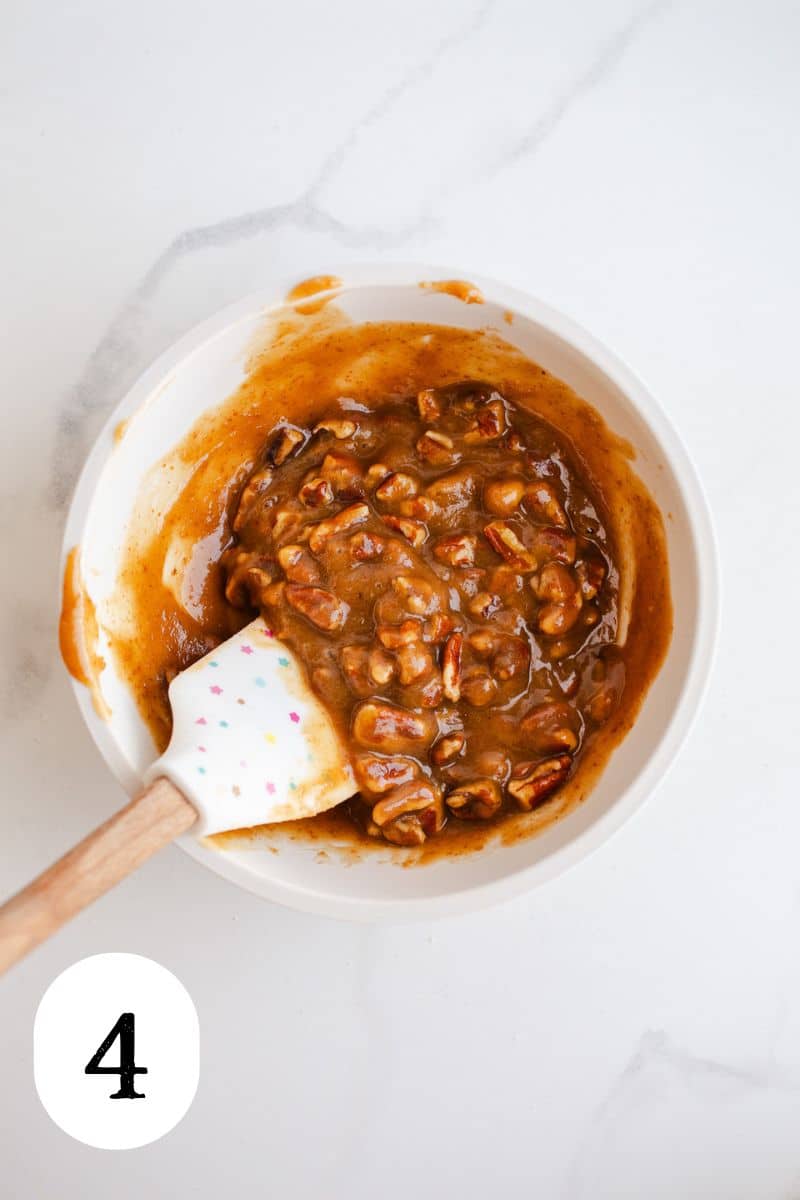 Pecan filling in a bowl.