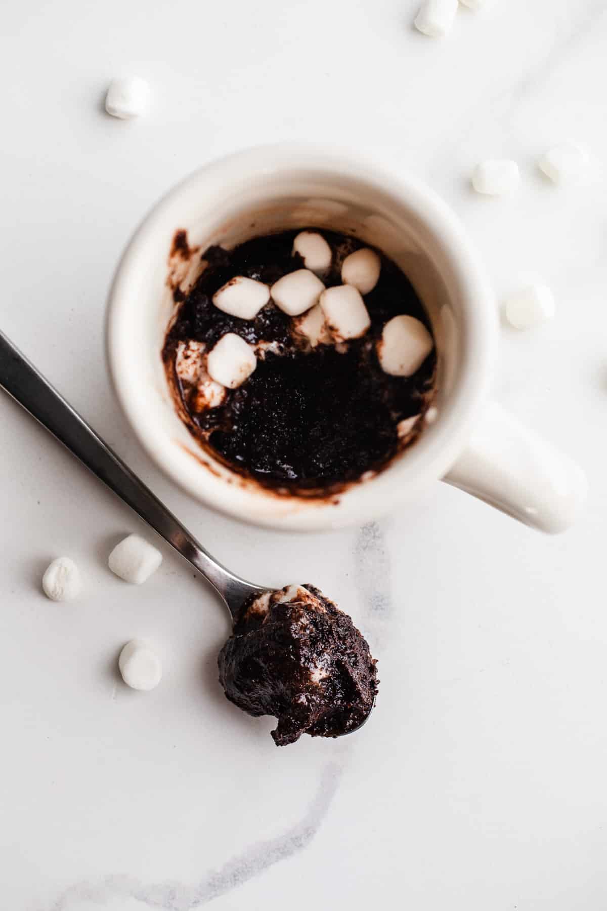 Chocolate cake in a mug with marshmallows.