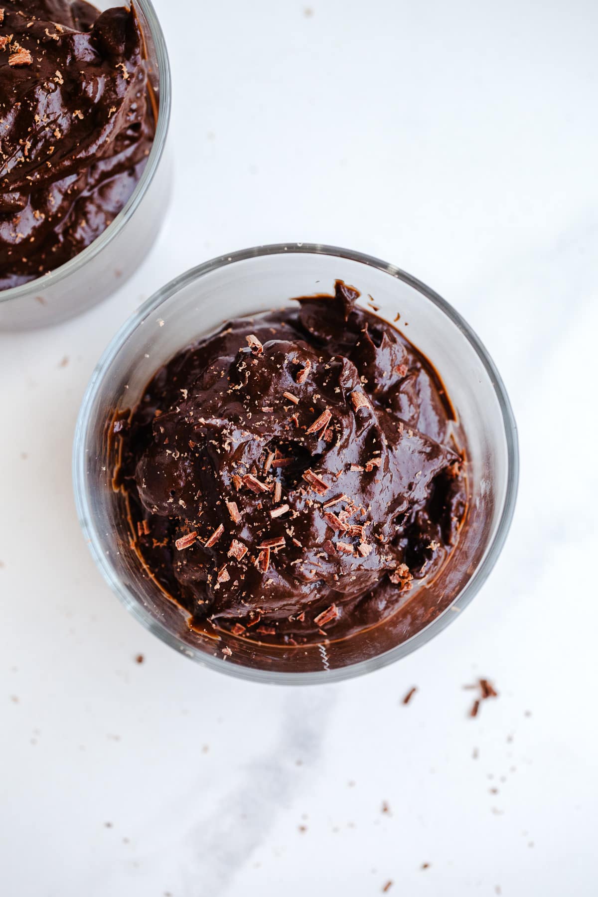 Chocolate mousse in a glass cup. 