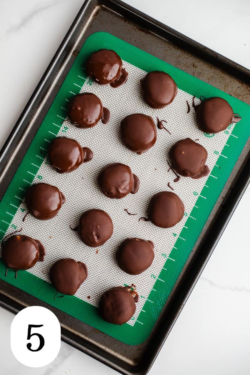 Chocolate dipped cookies on a baking tray. 