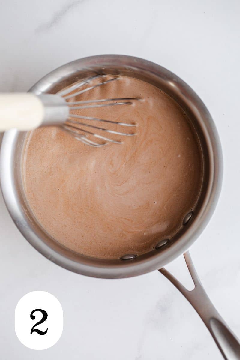 A saucepan with almond milk and cocoa.