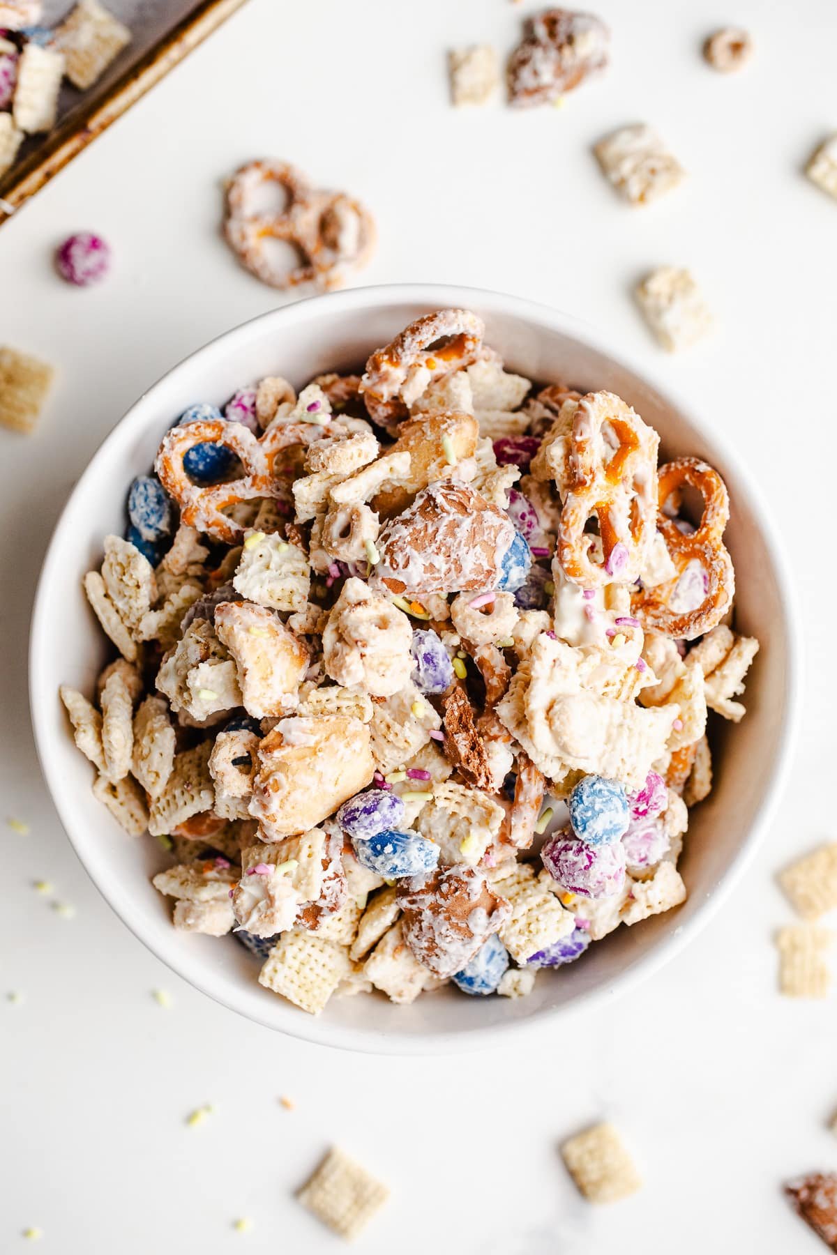 Bunny Bait Chex mix with white chocolate in a bowl. 