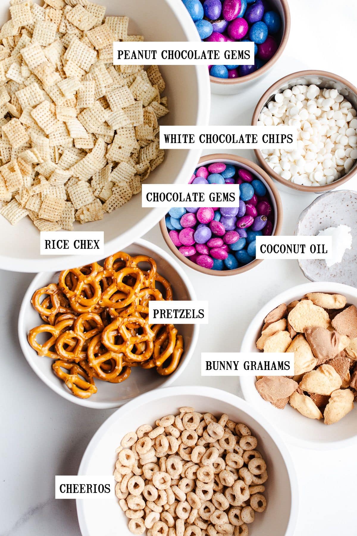 Bunny bait snack ingredients in bowls.