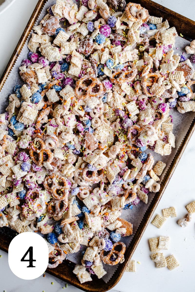Easter chex mix on a baking tray. 