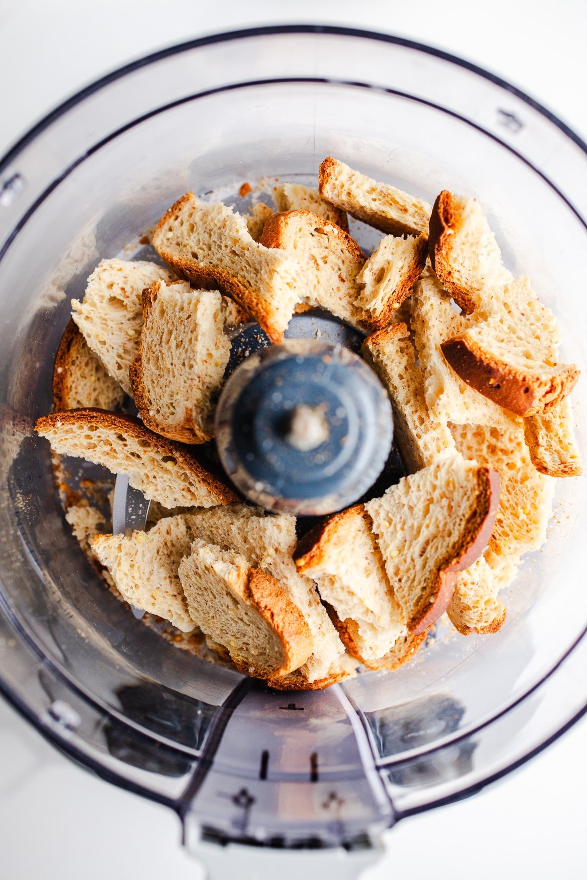 Bread cubes in a food processor. 