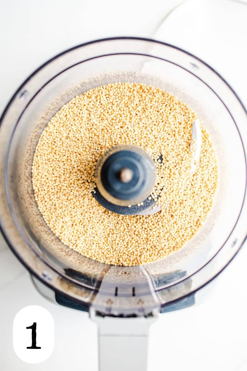 Millet grains in the bowl of a food processor. 