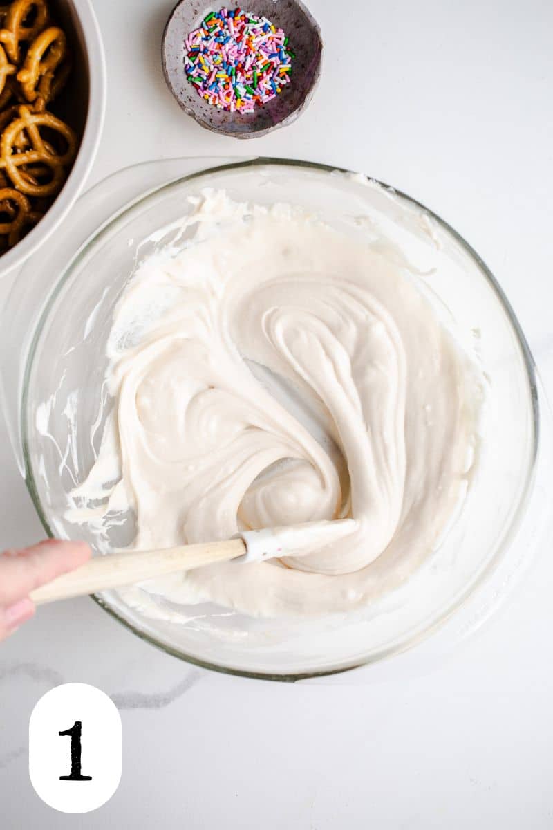 Melted white chocolate in a bowl. 