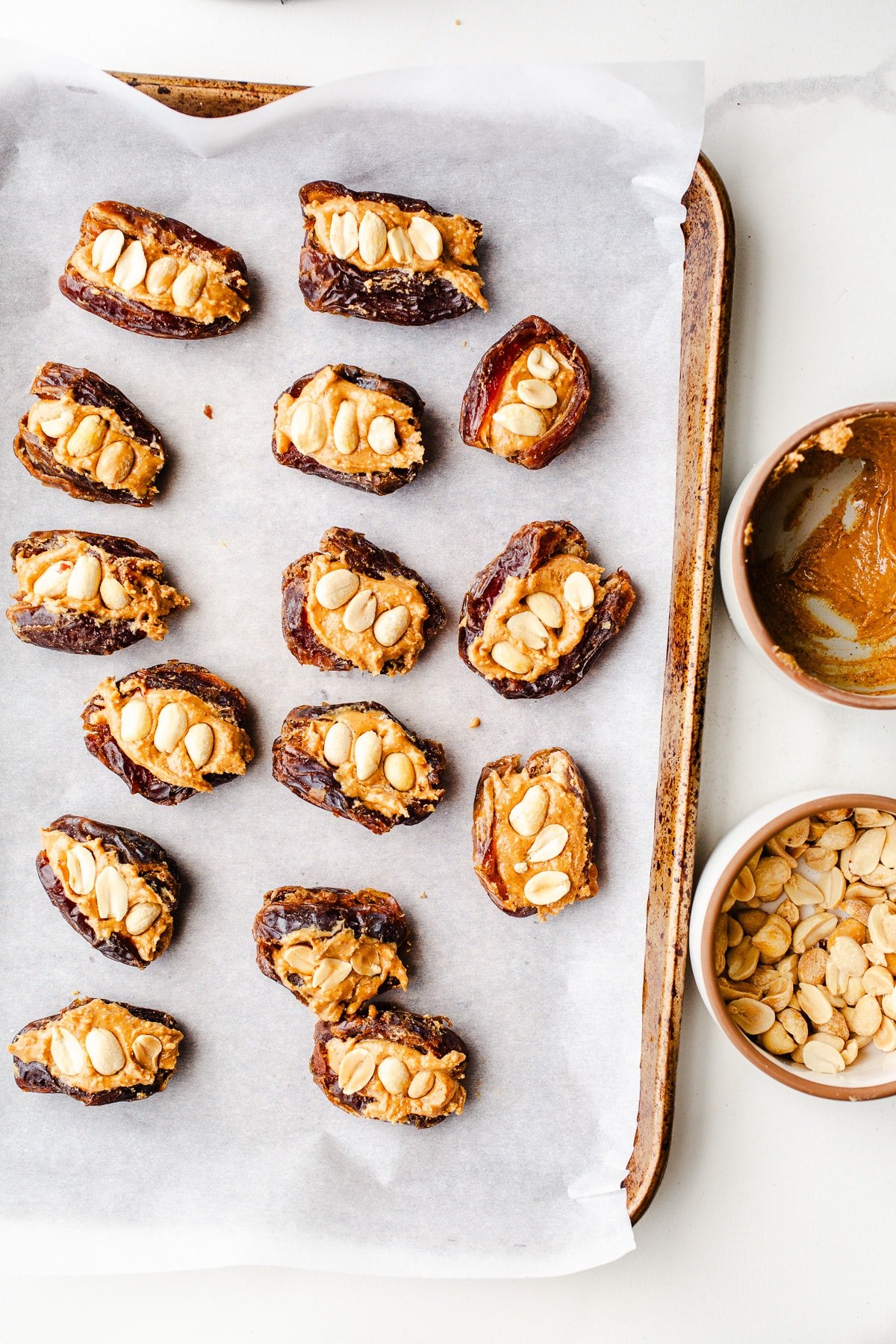 Dates stuffed with peanut butter and peanuts. 