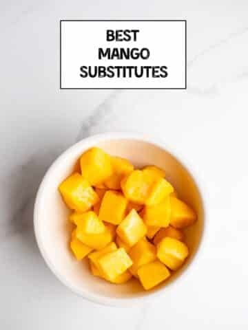 Cubed mango in a bowl.