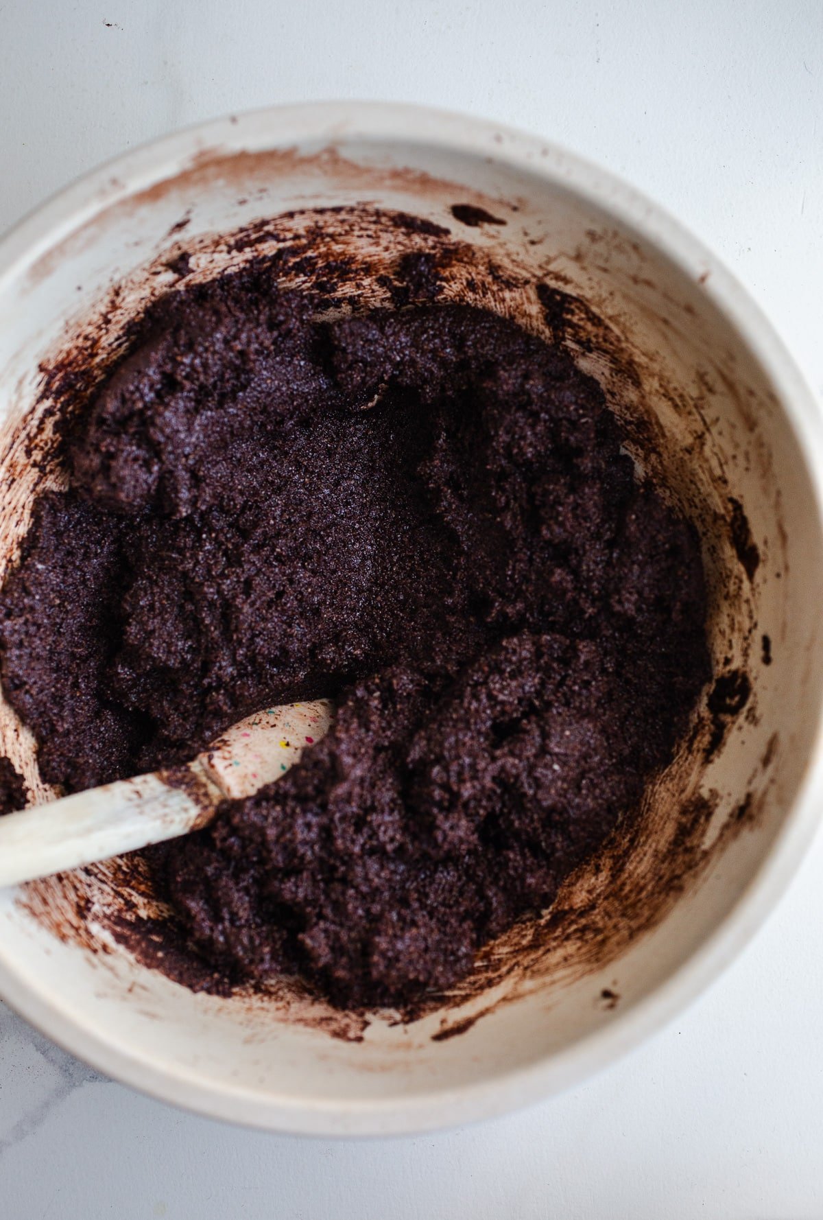 Chocolate cookie dough in a bowl.