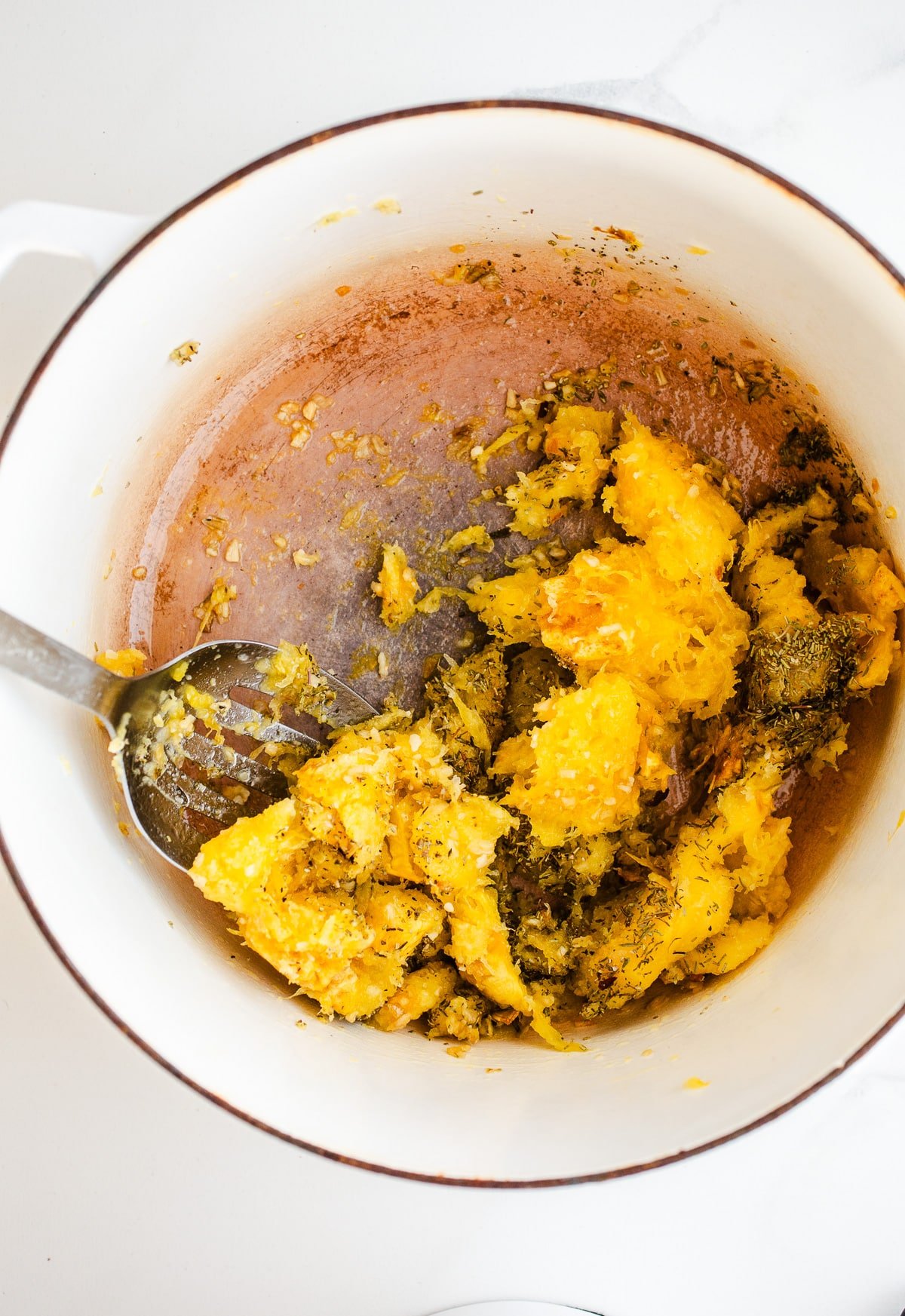 Roasted squash in a large saucepan.