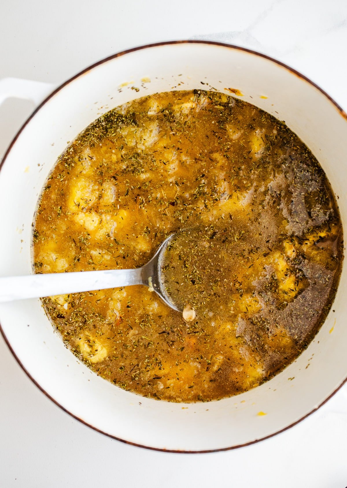 Broth and squash in a large saucepan.