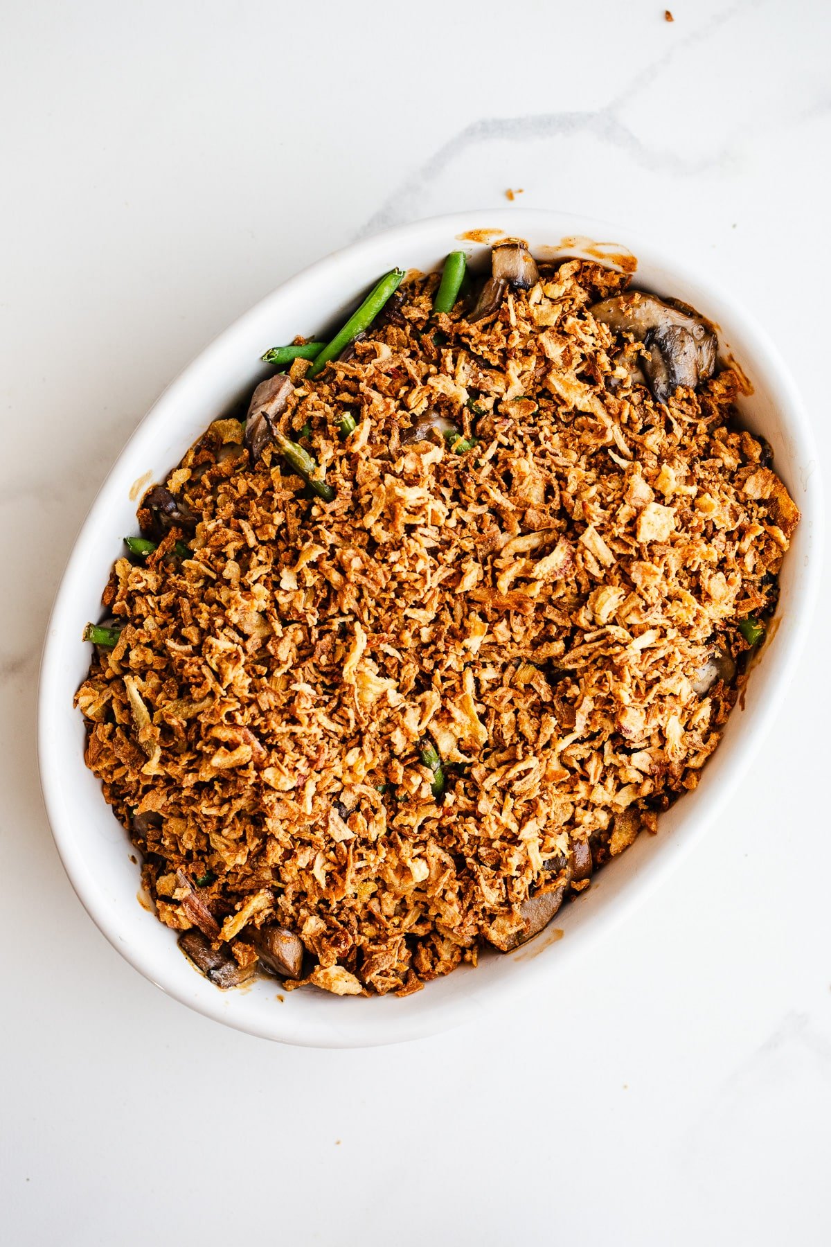 French fried onions on top of green bean casserole.