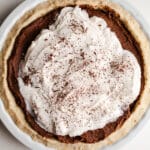 French silk pie on a marble surface.