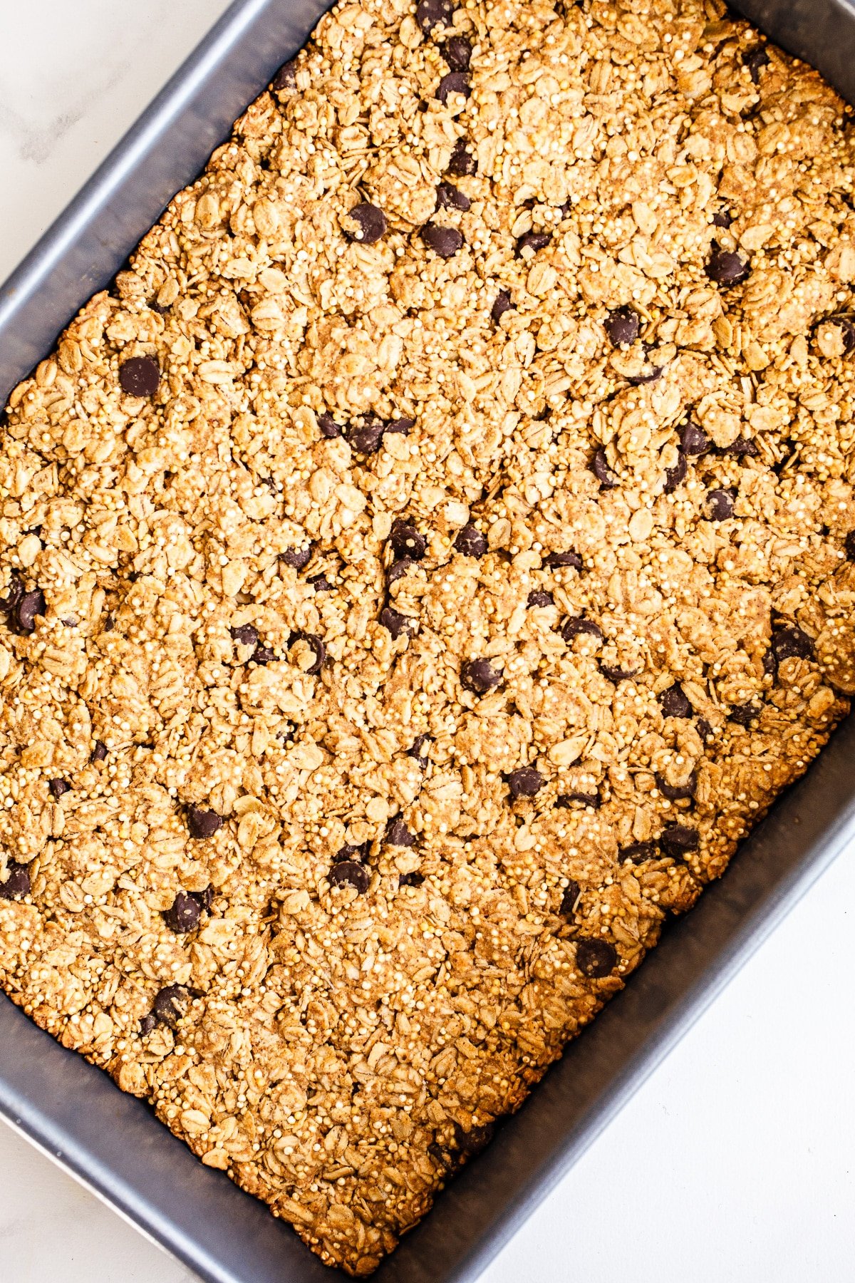Baked oats in a baking pan.