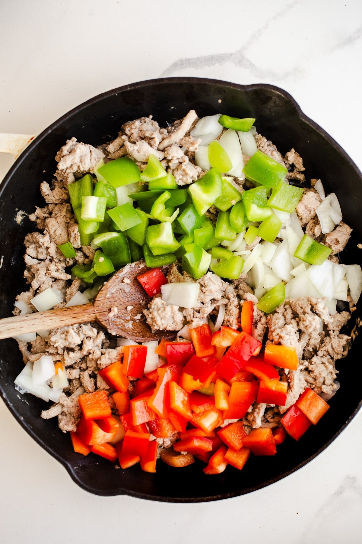 Browned turkey and peppers in a skillet.